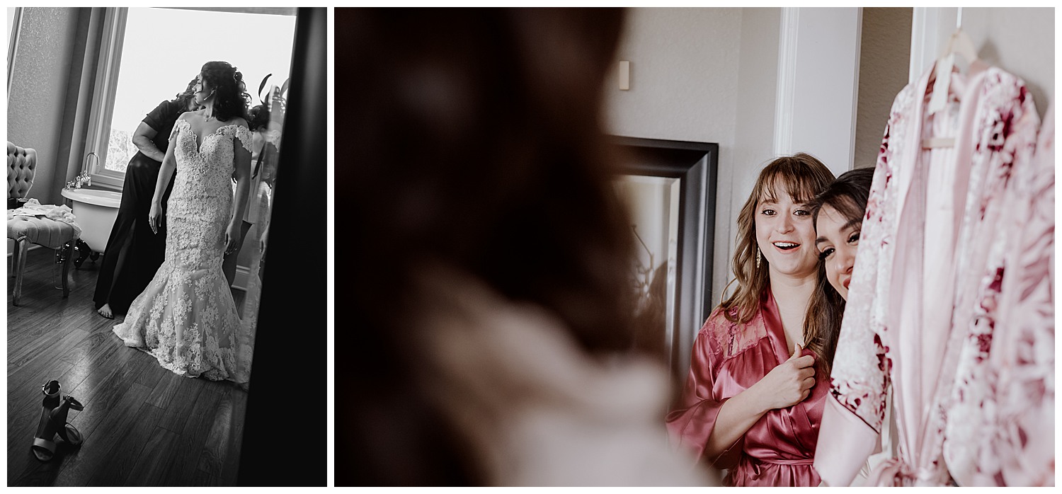 The last image shows the bride and her dress as a mother helps her into it and the right image shows a bridesmaids reactions to the bride as I see you have a first time
