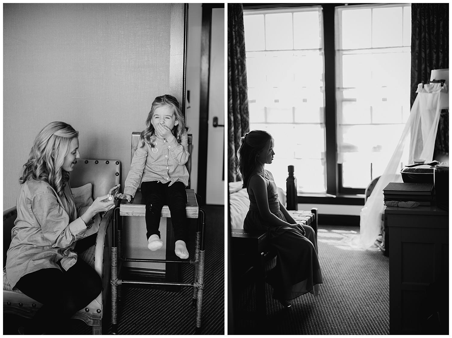 A cute little flower girl giggles as her mother applies nail varnish to her nails and a flower girl is silhouetted against the window at Hotel Emma