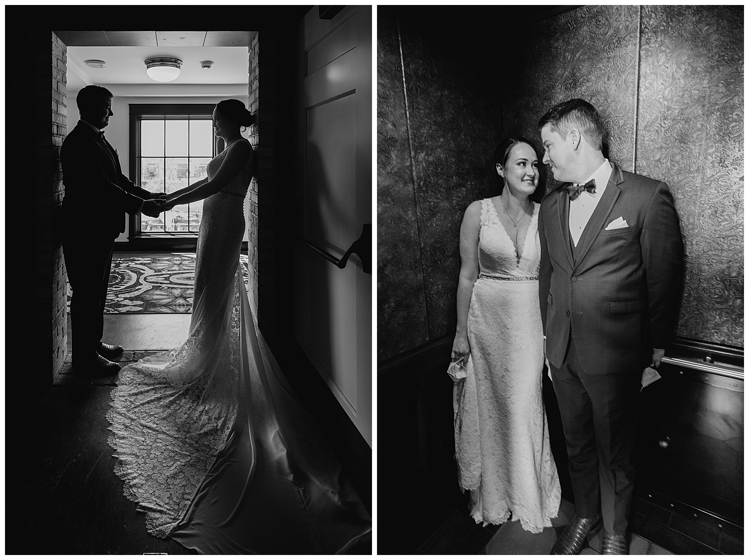 A couple to be married at Hotel Emma pose for a couple of pictures silhouetted against the window and later capture candid photographs in an elevator