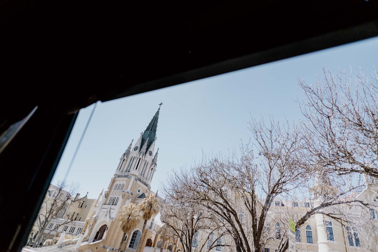 Through the limousine last night a photograph of the Sacred Heart chapel in San Antonio 