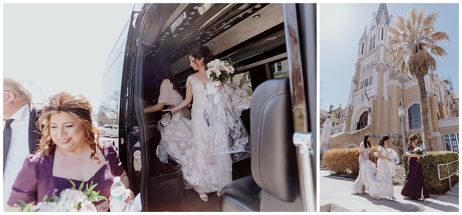 The bride access the limo van as the mother seems happily and the right image shows a vertical image of the bride mother and sister entering the church of the church in the background
