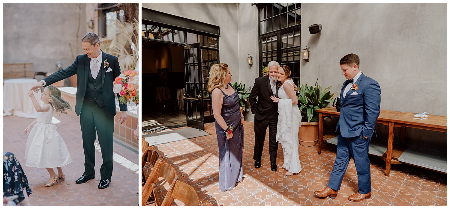 Parents of the groom greet the bride in the Hotel Emma courtyard moments before the wedding starts