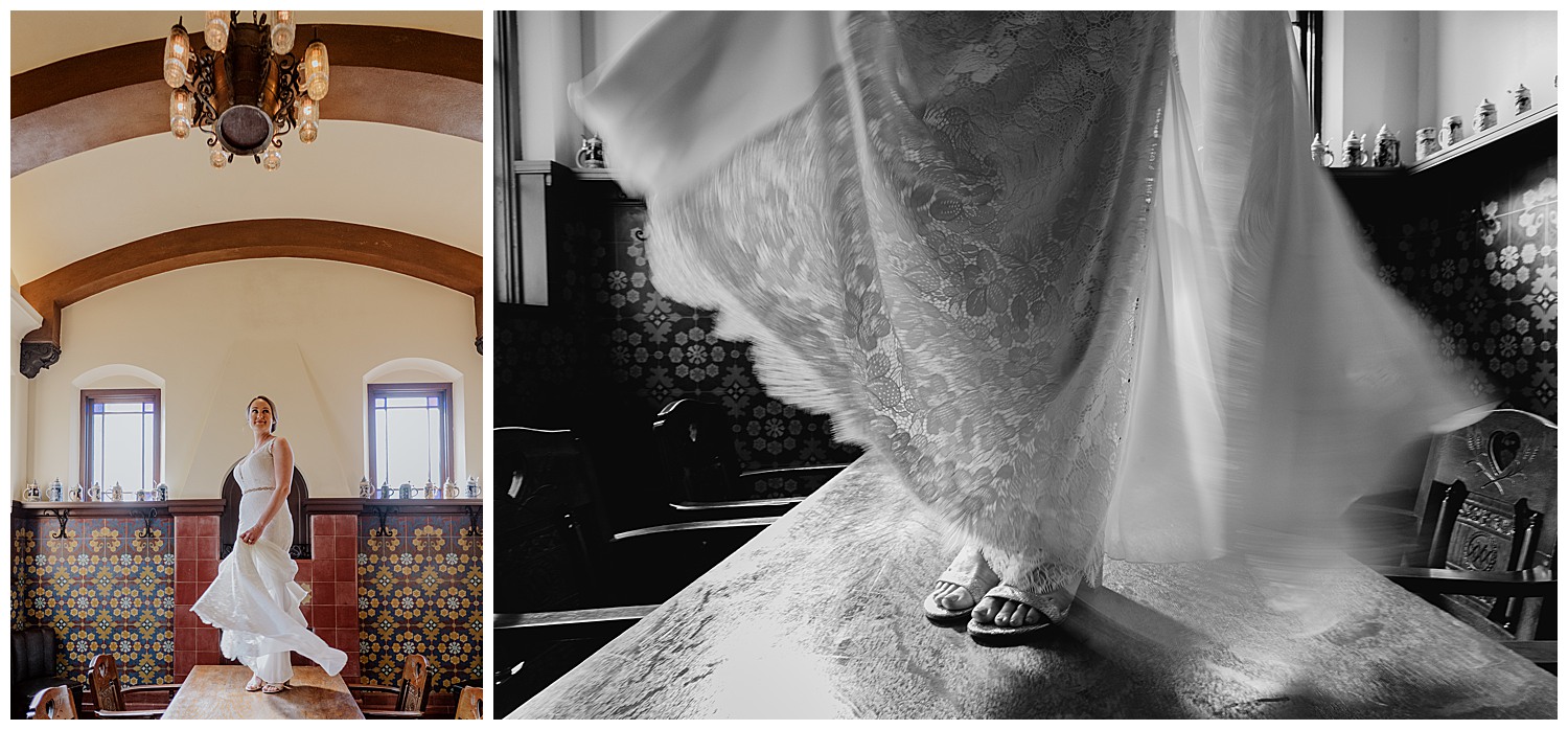 In the tasting room at Hotel Emma the bride poses in a close-up shot the bride twirls her dress and a slow Mo Image