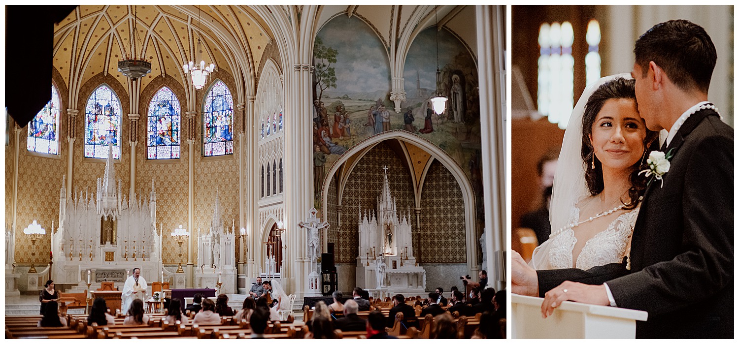 A wide angle view of a wedding ceremony at Sacred Heart chapel and the right age shows the bride looking at his groom close up