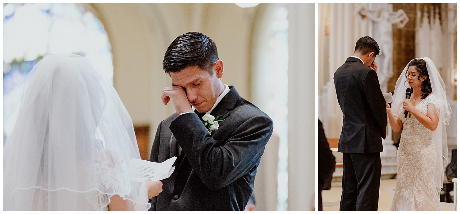 The groom wipes away a tear in a very emotional moment as a bride and groom recite their vows