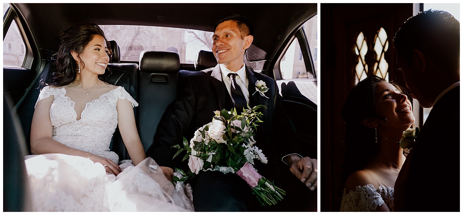 The bride and groom a hold hands in the back of the limo as they make their way towards Kendall point from the chapel