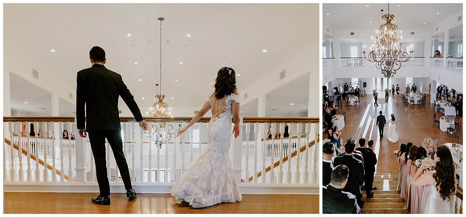 The bride and groom make the entrance with everyone cheering and applauding move across 