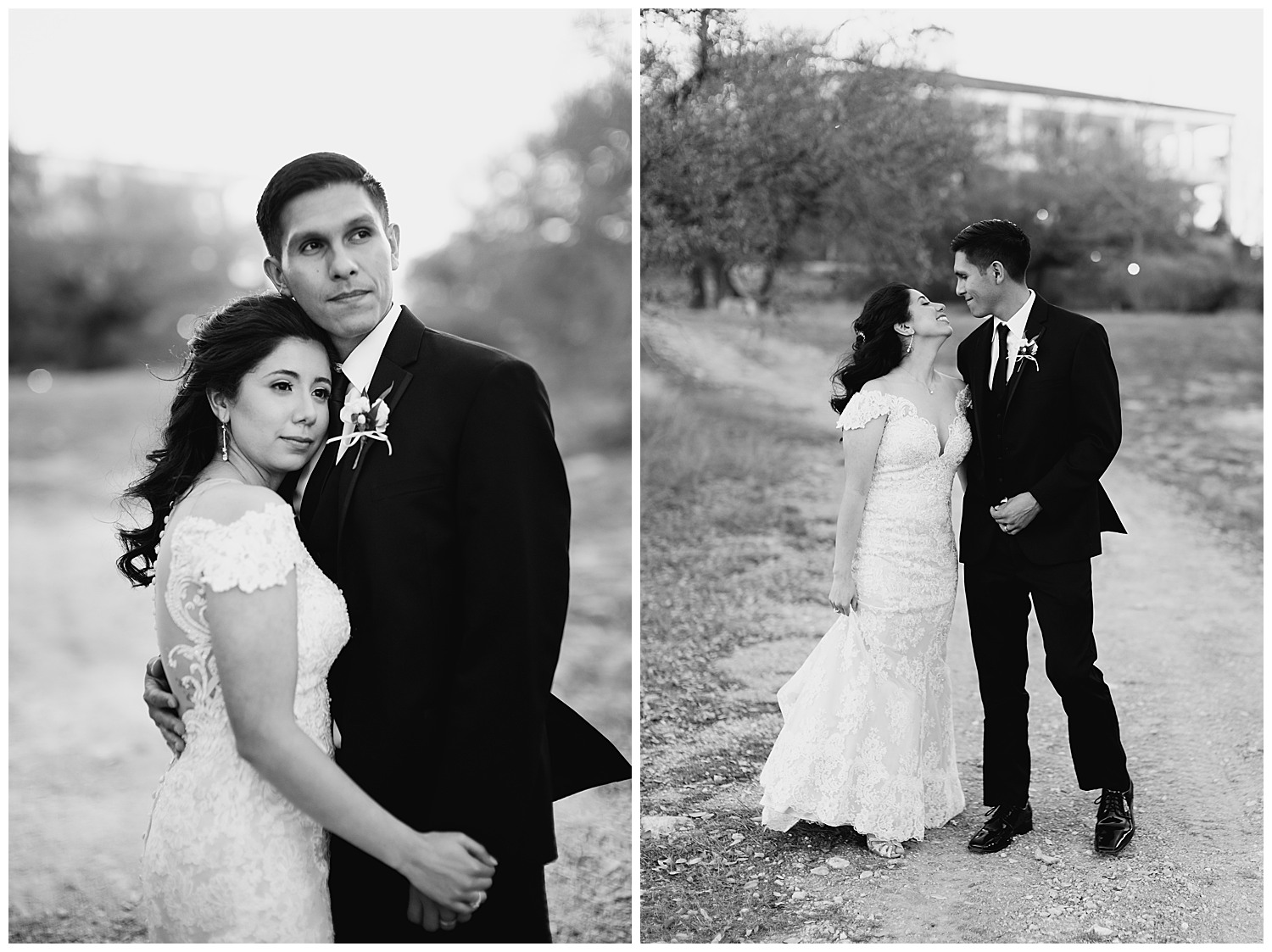 The bride and groom pose in a close-up and a full length with Kendall point in the background photograph on Leica m rangefinder and noctilux 50 mm A winter wedding at Kendall Point Hill Country Texas-Leica photographer-Philip Thomas Photography