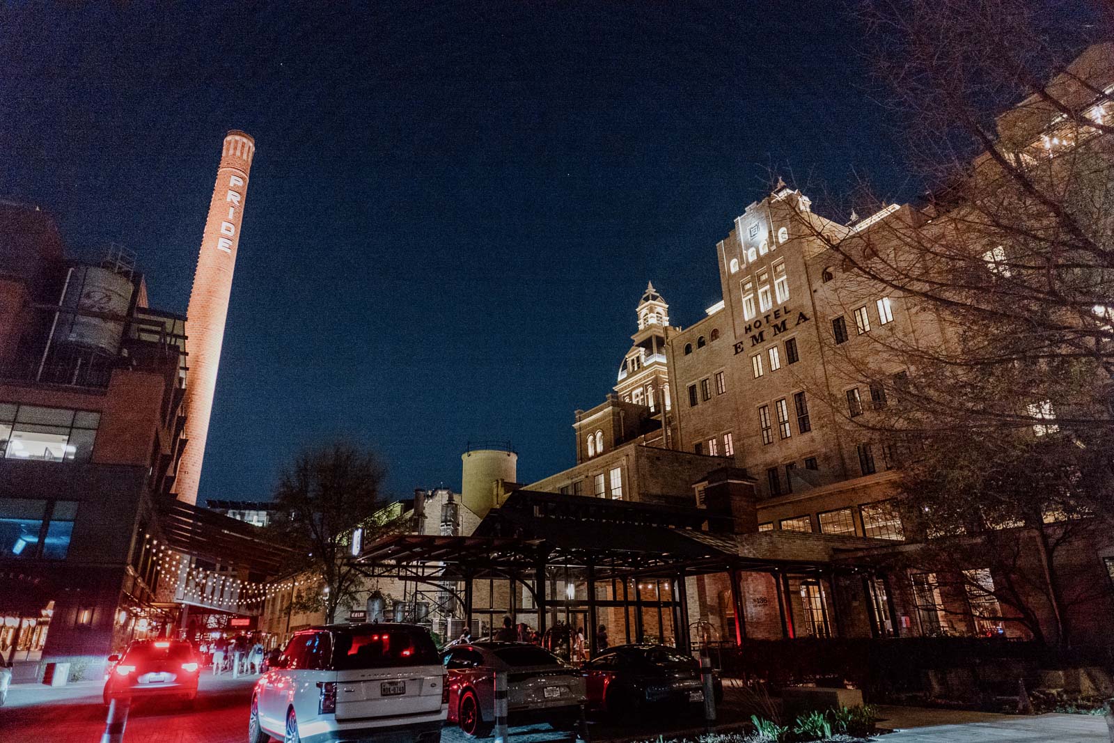 A twilight photograph of Hotel Emma capturing the pearl stacks