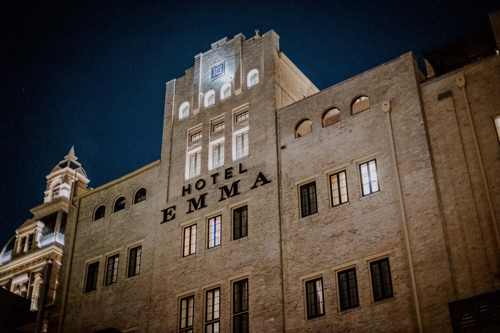 A twilight shot from the front of Hotel Emma