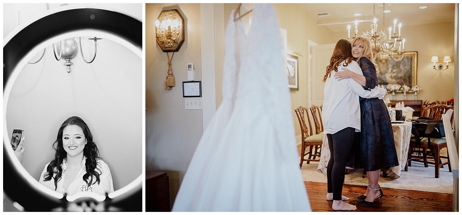 The bride led by a modeling lamp beams beautifully the right image shows a mother of the bride greeting her daughter has a dress hangs on the chandelier