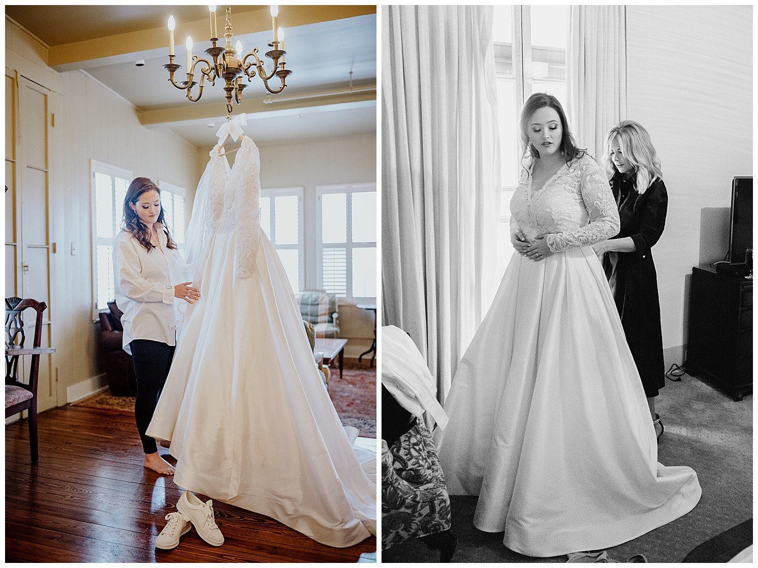 Two vertical images side-by-side show theShow the wedding dress hanging as a bride attentively handles it and the right image shows the bride in her dress being being held by her mother