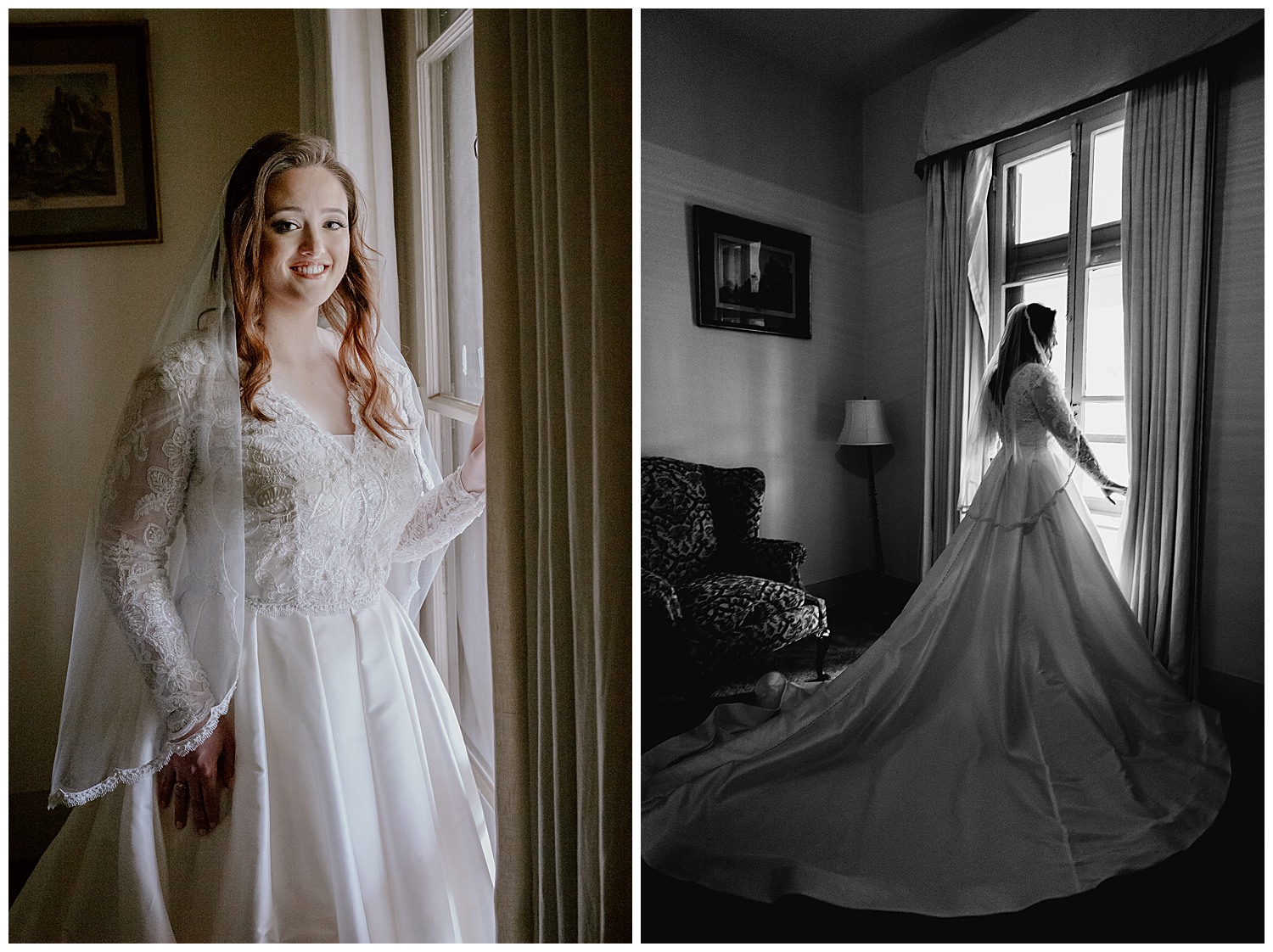 Two portraits of the bride standing by the window at The Argyle