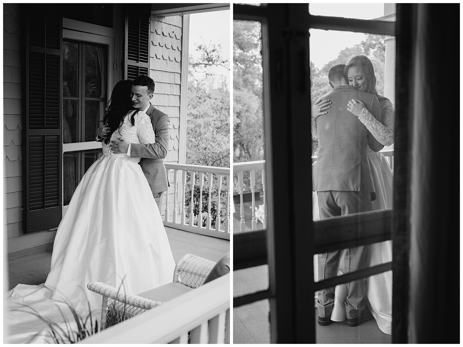 Two vertical shot showing opposing views as the bride and groom hug during the first look