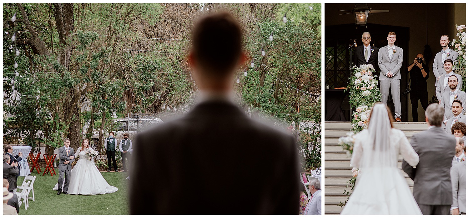 The groom sees his bride walk down the aisle and in the right image the groom gets very emotional seeing his bride go down the aisle