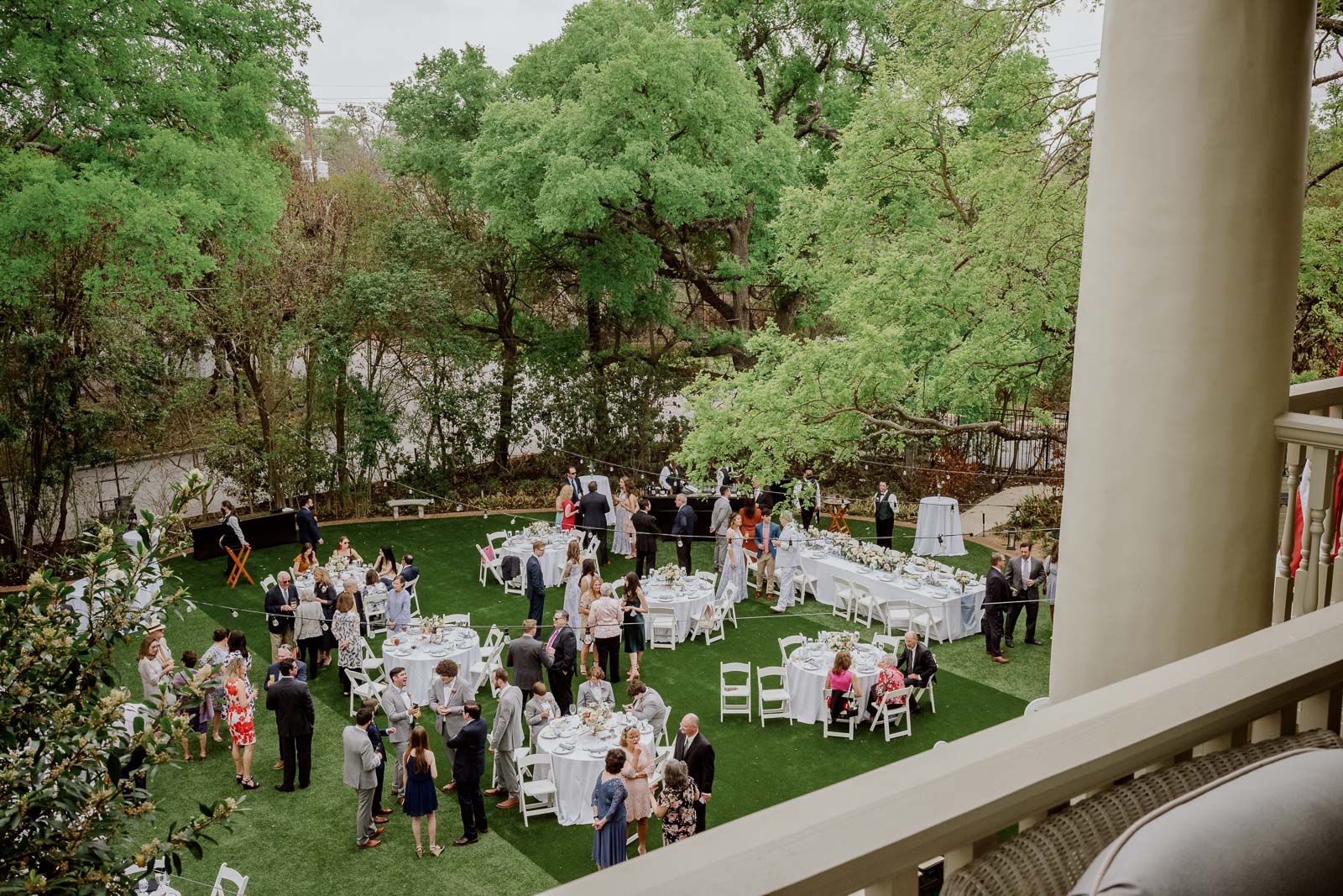 Leica M rangefinder photograph from the upper balcony looking out on the lawn of the Argyle and the wedding table set up