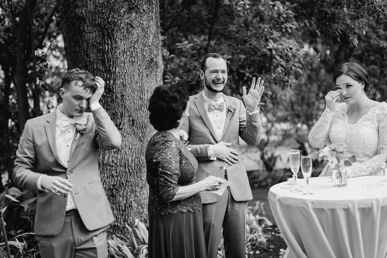 The brother of the groom a mother and a groom and bride all wipe tears from her eyes half the first test