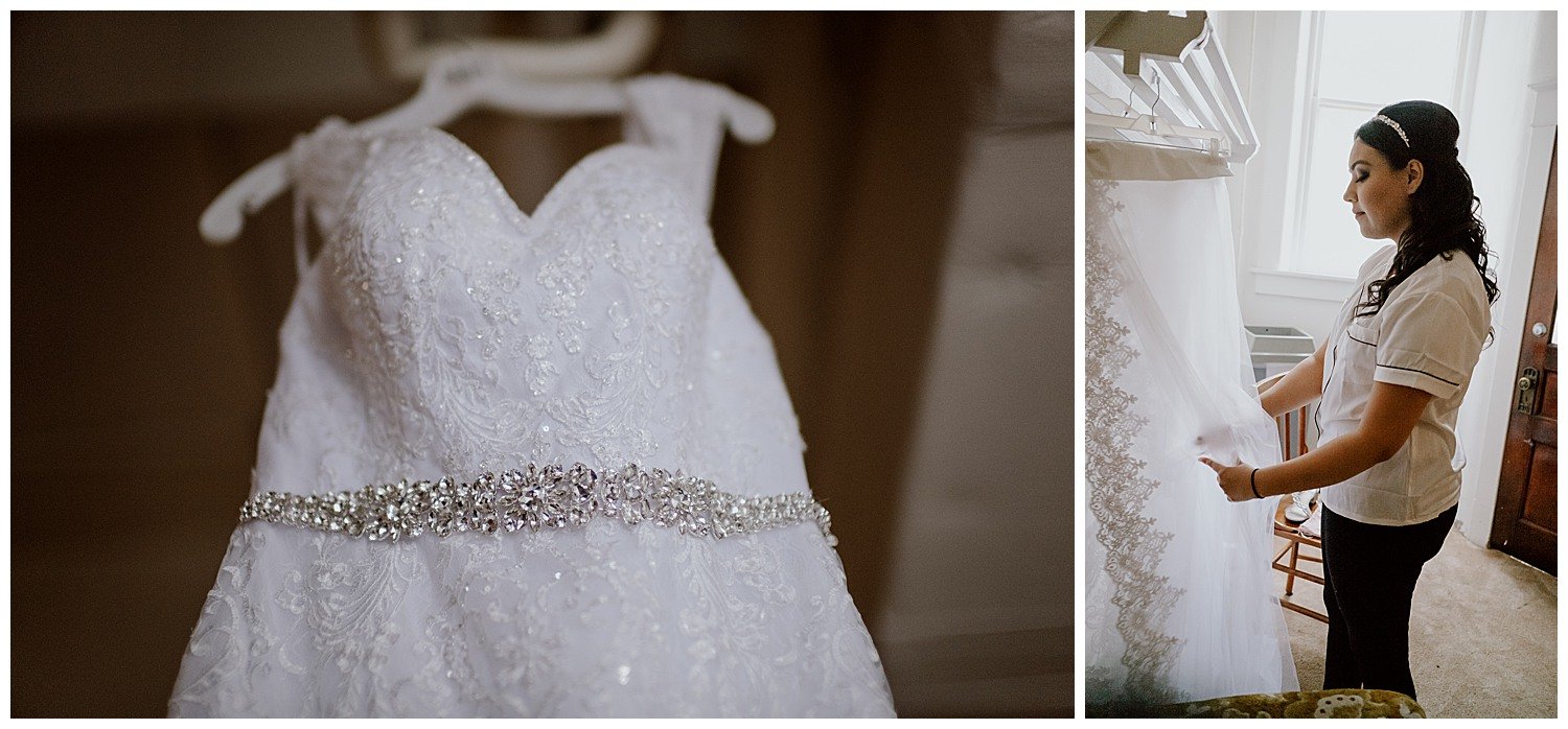 A beautiful dress hangs from the ceiling Sacred Heart Chapel-Leica photographer-Philip Thomas Photography