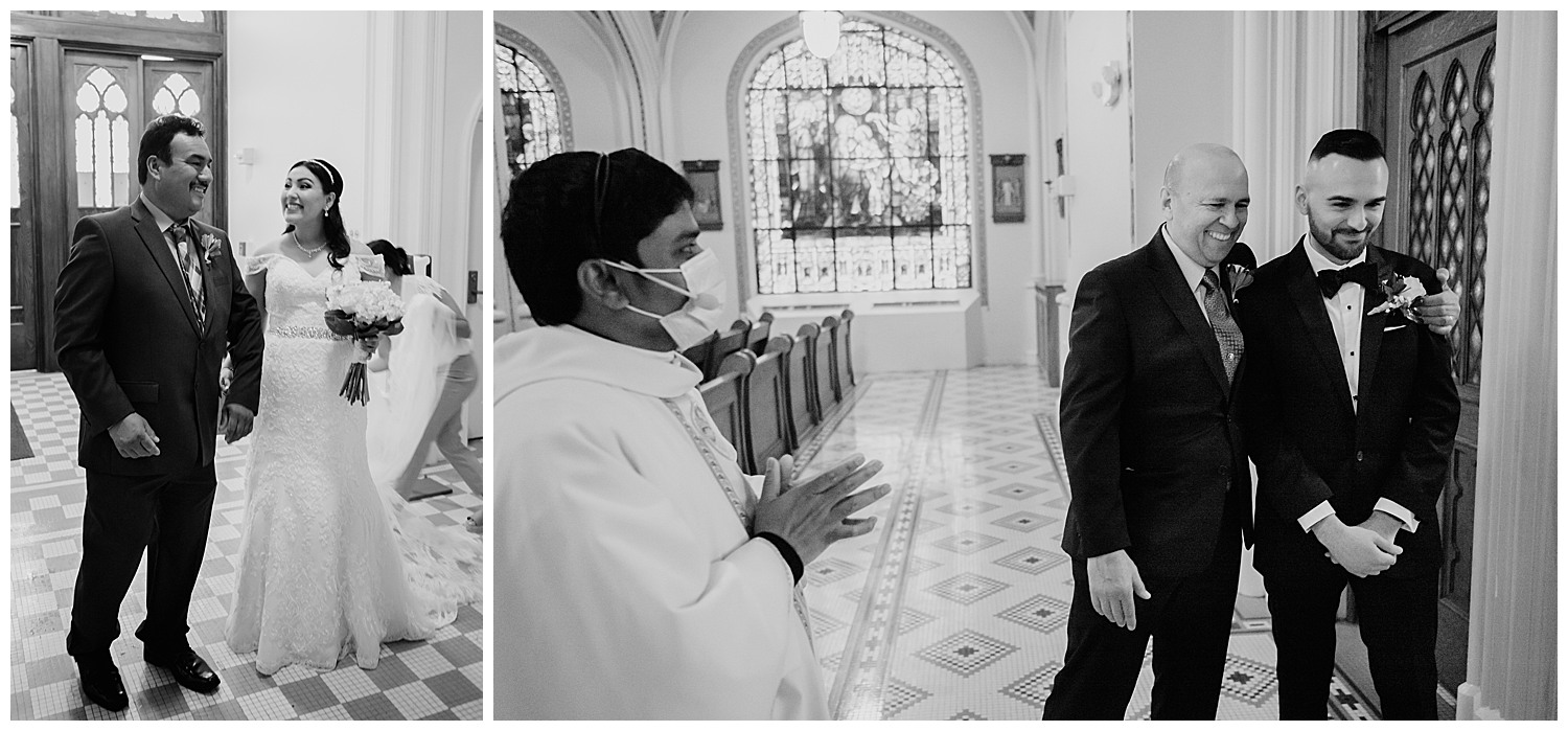 The groom is hugged by his father before the ceremony at Sacred Heart Chapel-