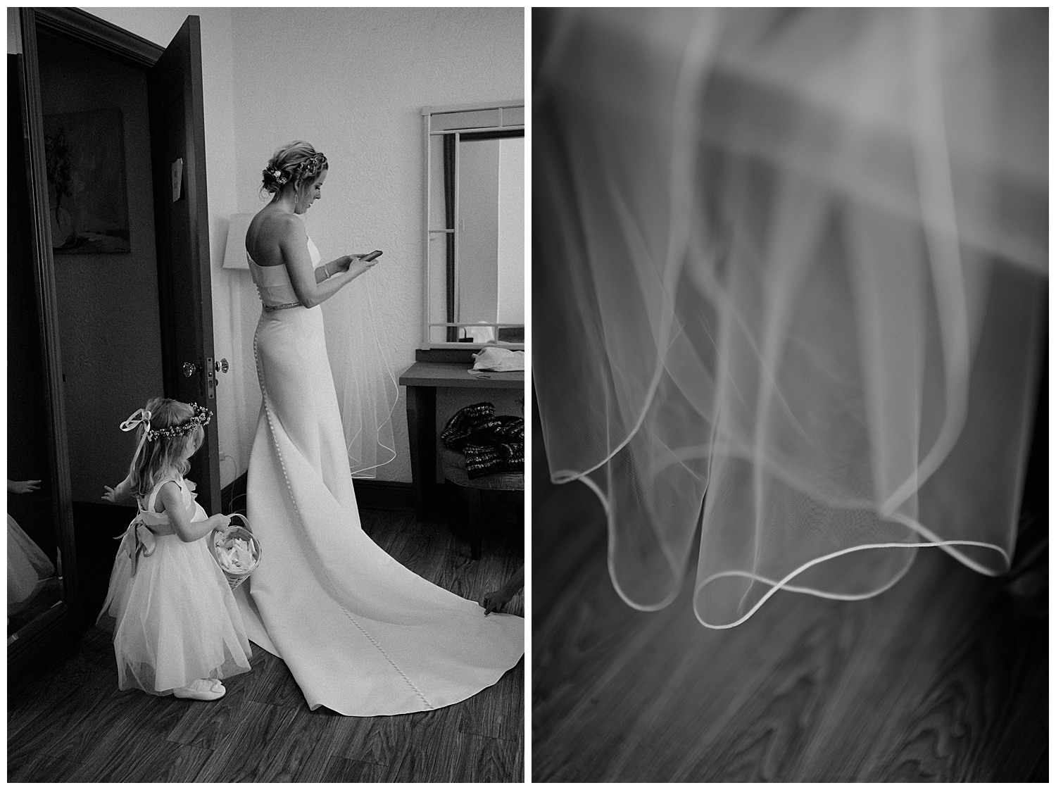 In the photo on the left a beautiful flower girl in the specs to brides dress and the photo on the right shows a close-up of the veil