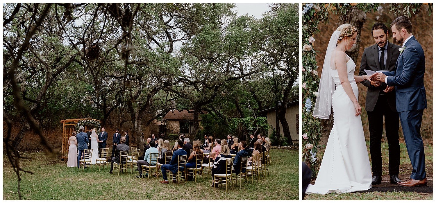 two photos show different angles during the wedding ceremony a white angle of guests and join the vows a close-up shot