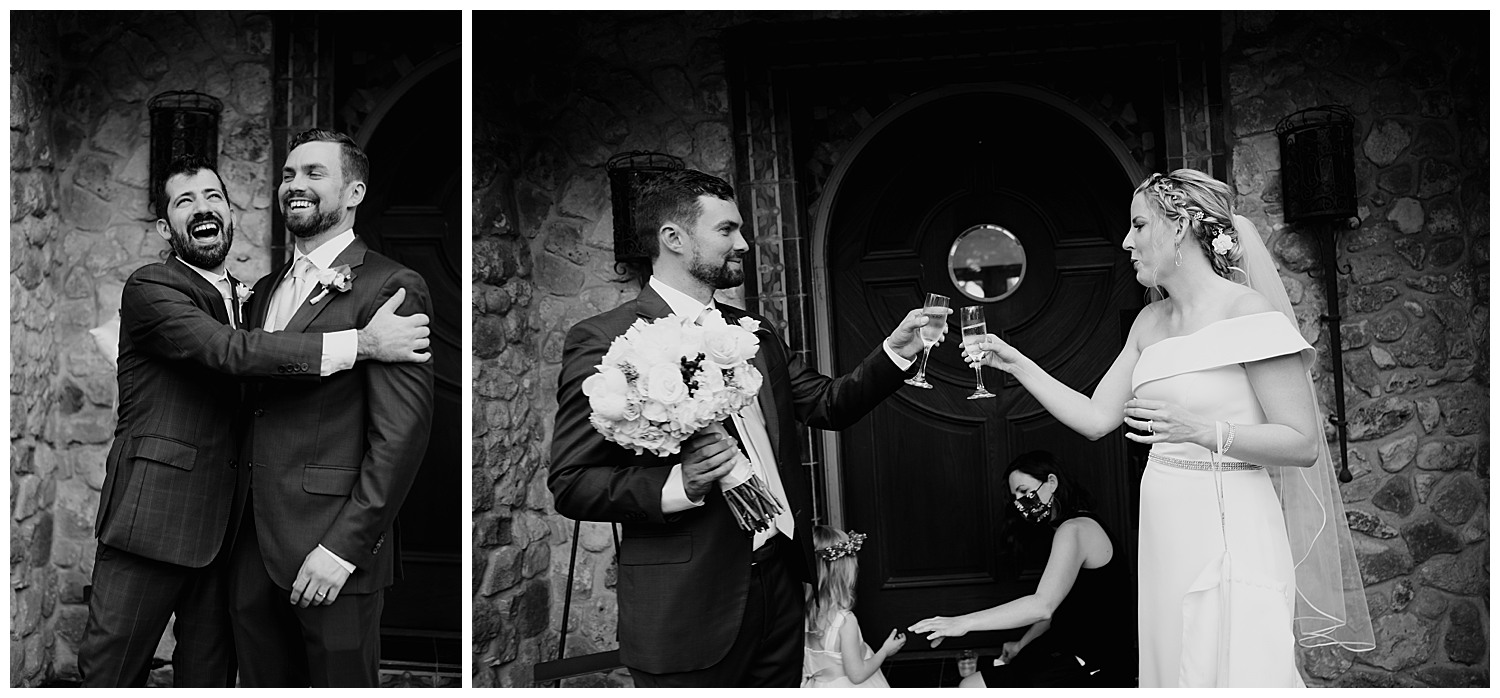 The groom and best friend hug and in the other photograph the couple toast and clink glasses with the grooms daughter in the background
