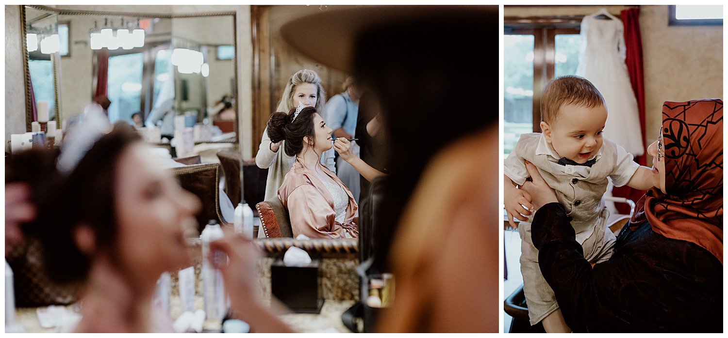 Two photos montage show the Brian having Makeup applied and a little boy being picked up by the mother of the bride