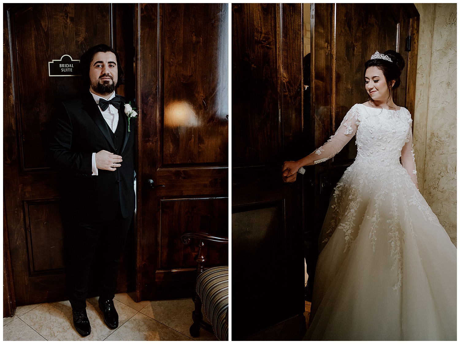 First look behind doors the bride and groom hold hands