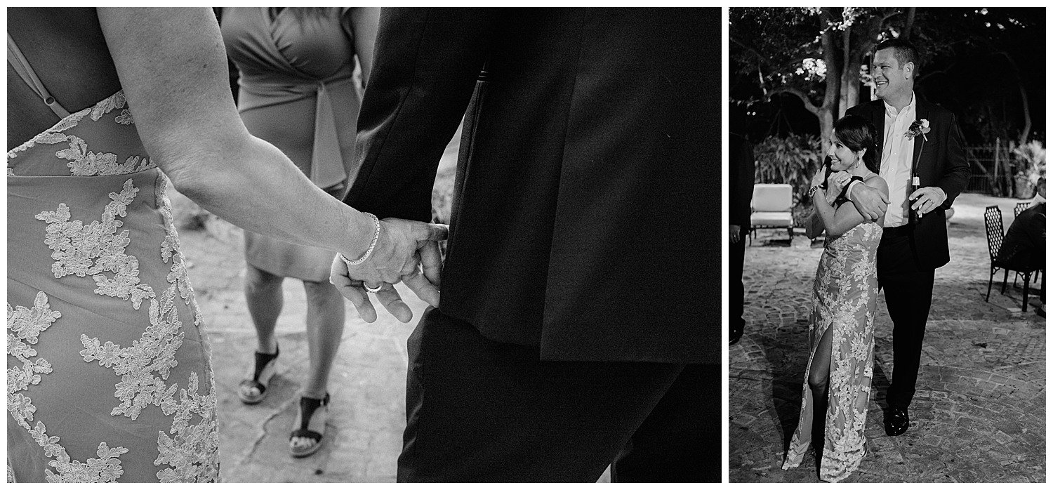 Newly wedded couple hold hands  Club Giraud Wedding Reception San Antonio weddings Philip Thomas Photography