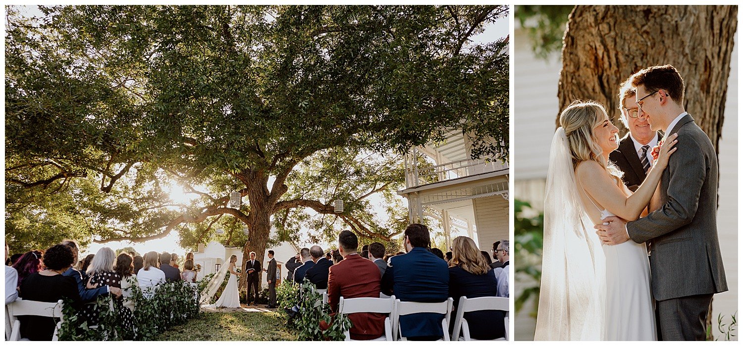 Two images show a wide angle of the old oak tree at Barr Mansion and a wedding ceremony