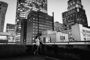 Saks garage overlooks downtown Houston and a cool little spot for an engaged couple for pics of the skyline at dusk and that 1950s gritty look