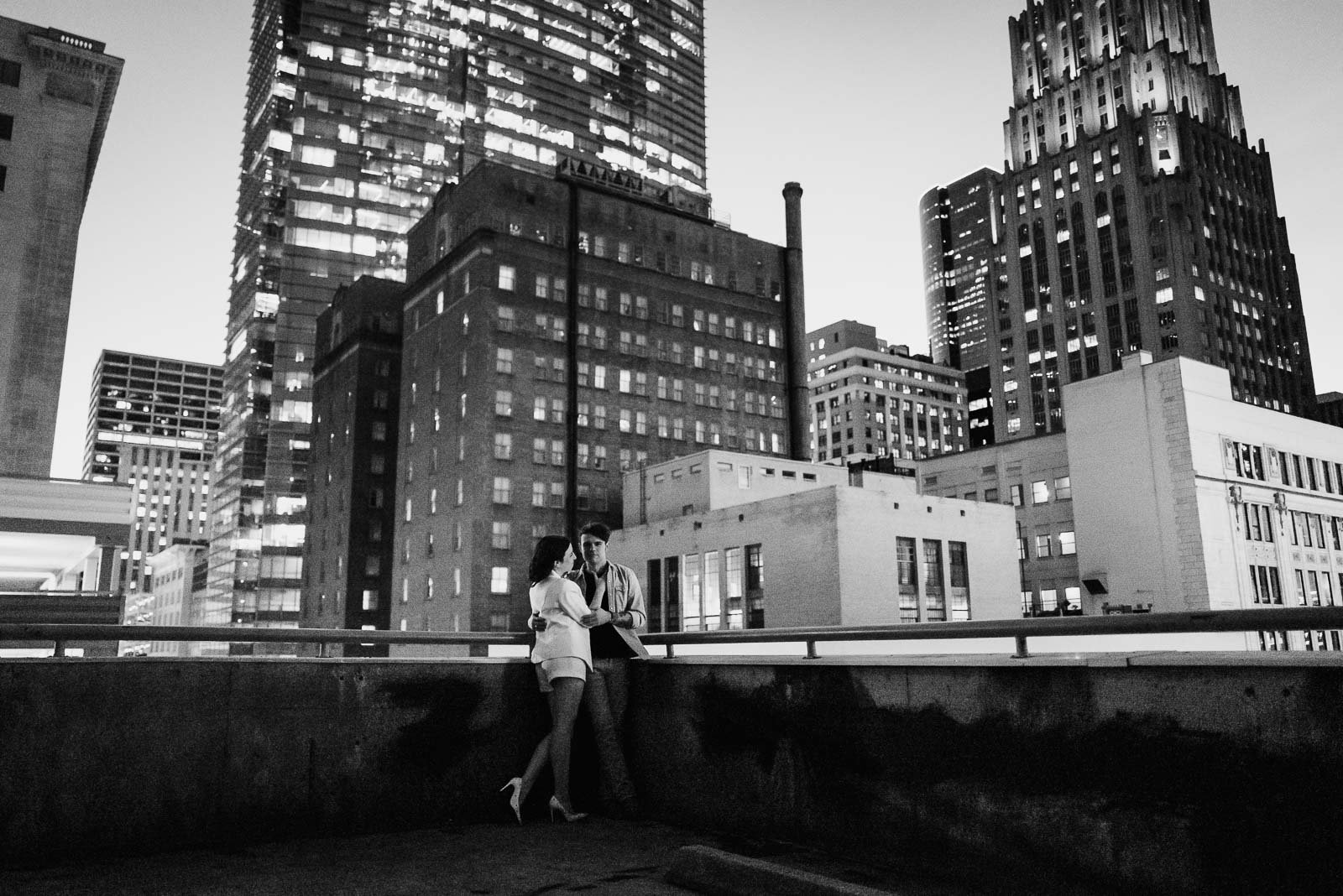 Saks garage overlooks downtown Houston and a cool little spot for an engaged couple for pics of the skyline at dusk and that 1950s gritty look