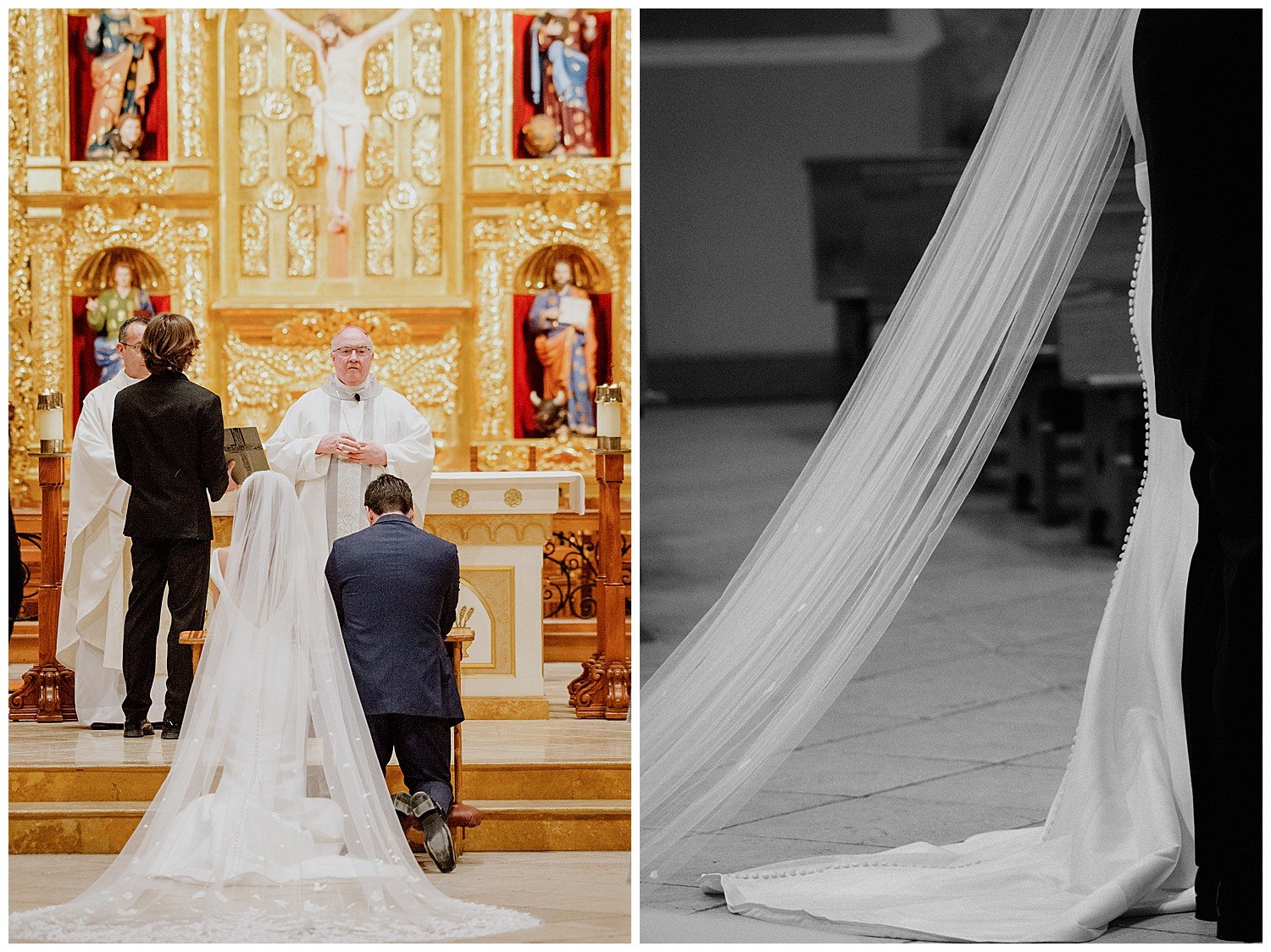 Two photos side by side show the couple kneeling during a catholic wedding ceremony and a close up of the wedding veil