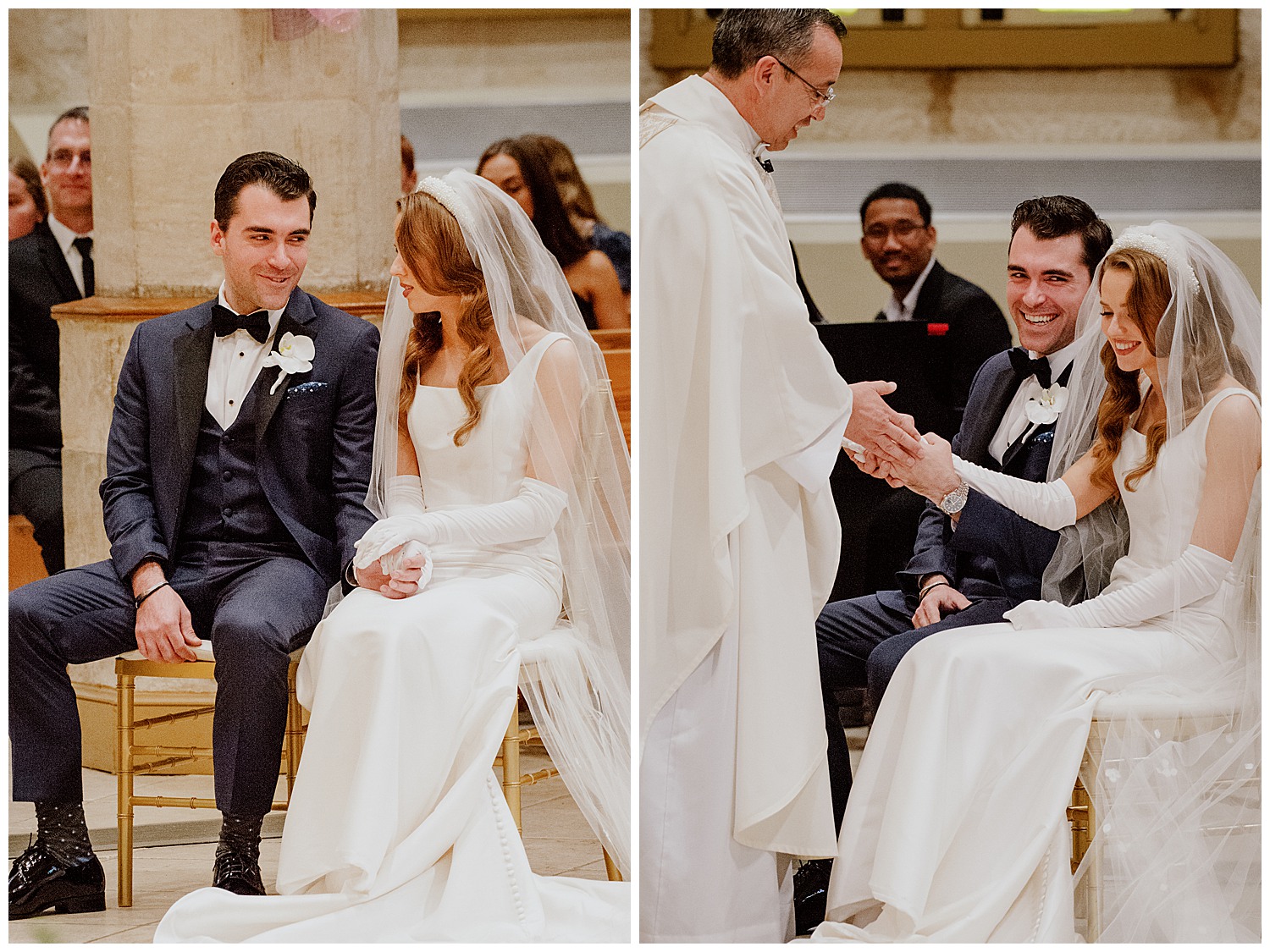 The couple share a light hearted moment with the priest during their wedding ceremony