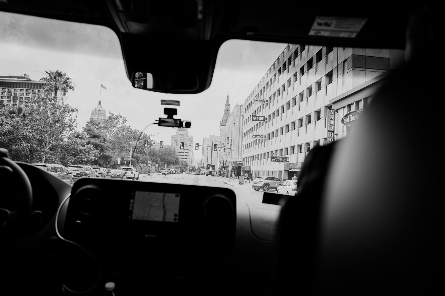 Wedding Ceremony St. Joseph's + The Westin Riverwalk, San Antonio 17 a view from inside a car of a city street