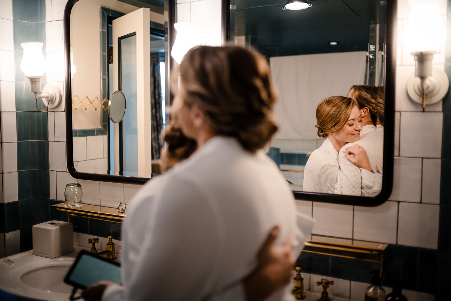 Botanical Gardens San Antonio Wedding Ceremony + Reception 10 Intimate moment in a bathroom mirror.