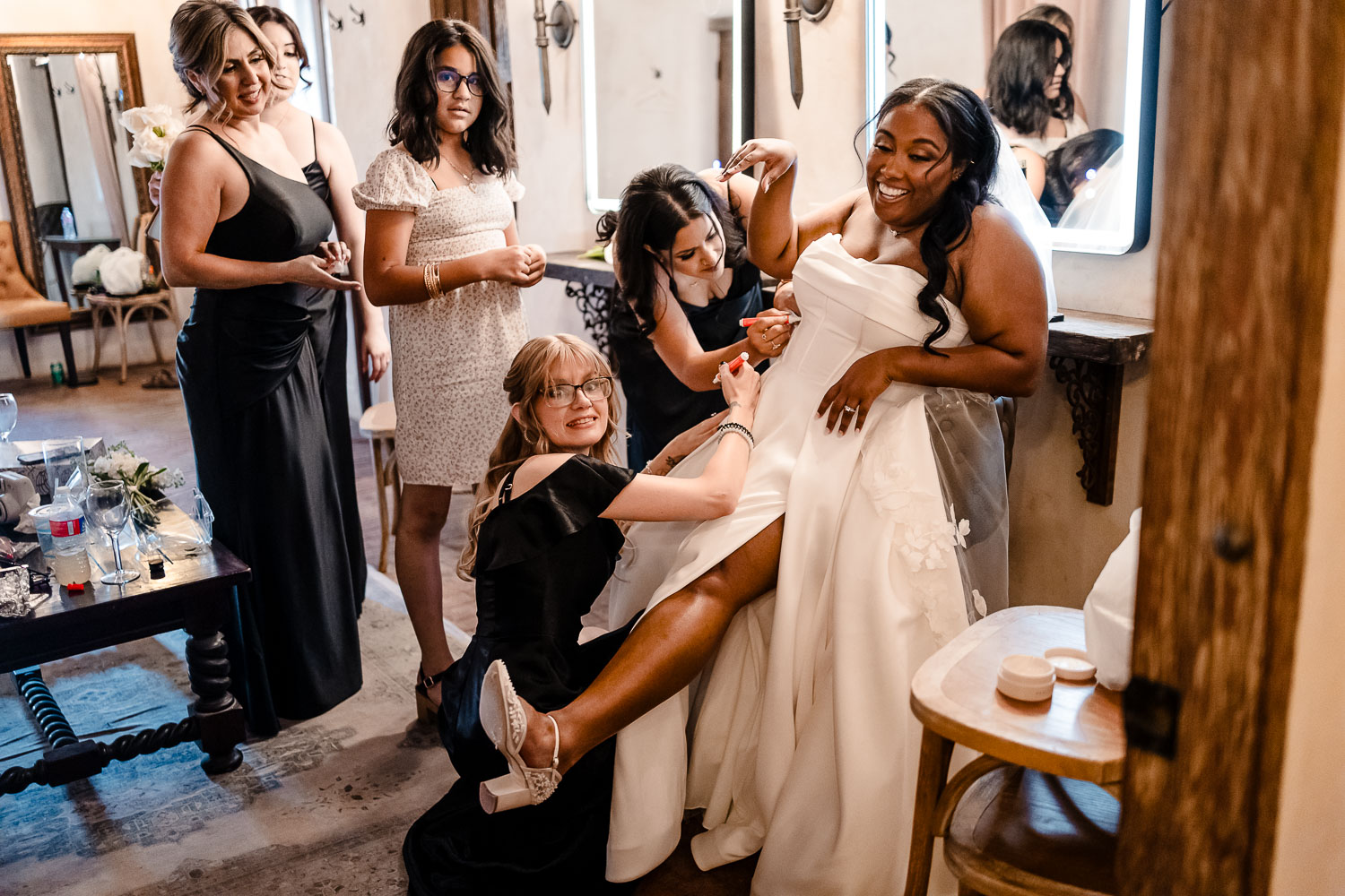 Lost Mission Wedding Ceremony + Reception | Peyge + Luis 27 Bridesmaids remove dirt spots from brides dress