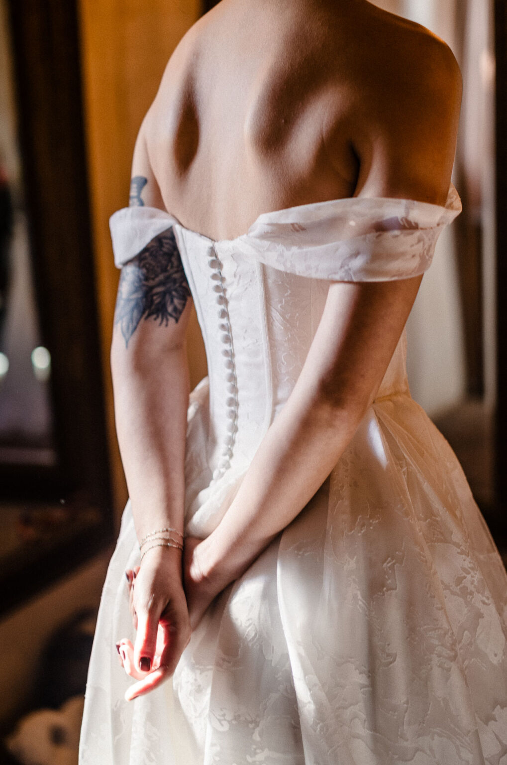 Bride in elegant wedding dress.