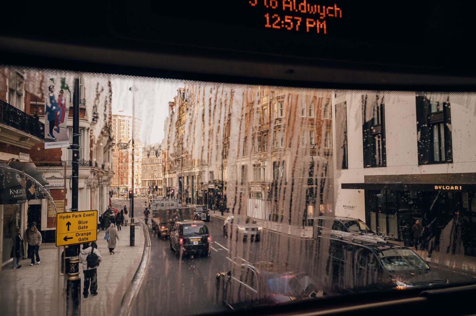 Rain, Reflections & Walking London with a Leica M11 (28mm) 2 A view from a double decker bus passing Bvlgari Hotel London in January 2026