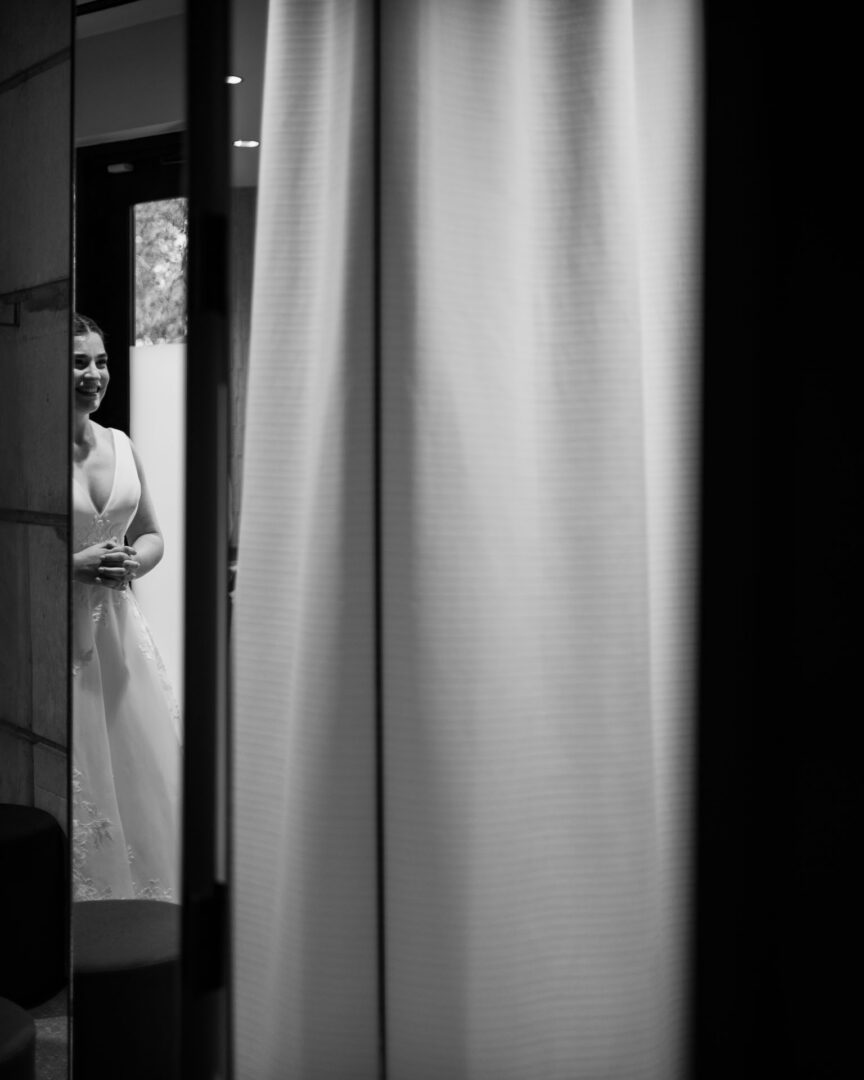 Winter Wedding at Botanical Gardens, San Antonio, Texas 2 Bride preparing, reflection in mirror.