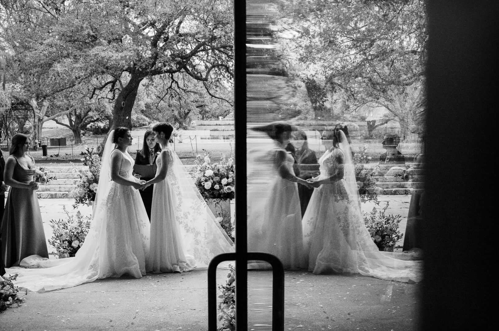 Winter Wedding at Botanical Gardens, San Antonio, Texas 25 Two brides exchanging vows outdoors.