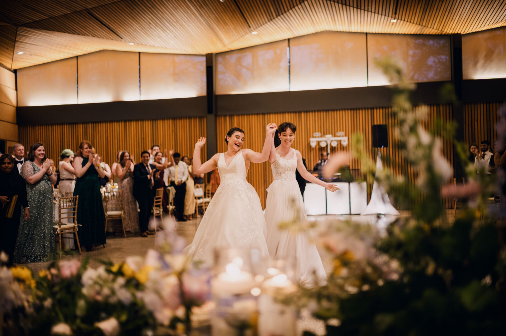 Winter Wedding at Botanical Gardens, San Antonio, Texas 41 Two brides dancing at wedding reception.