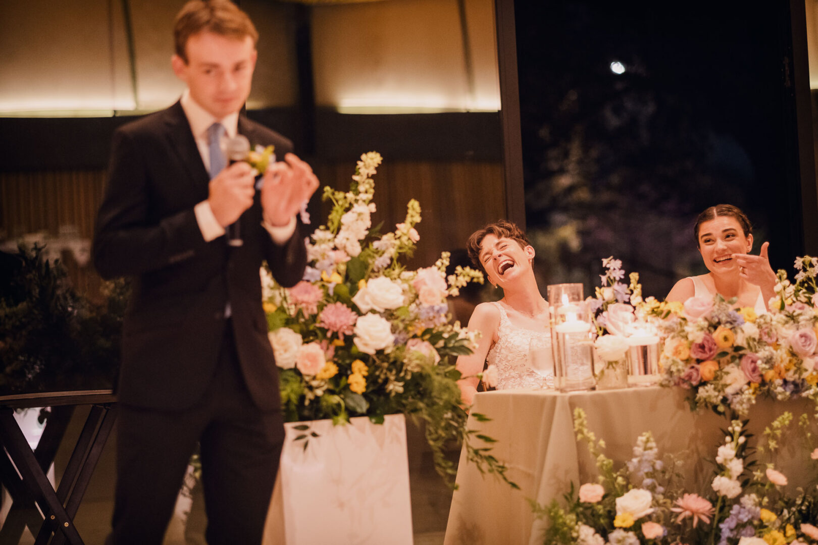 Winter Wedding at Botanical Gardens, San Antonio, Texas 42 Wedding toast with floral decorations.