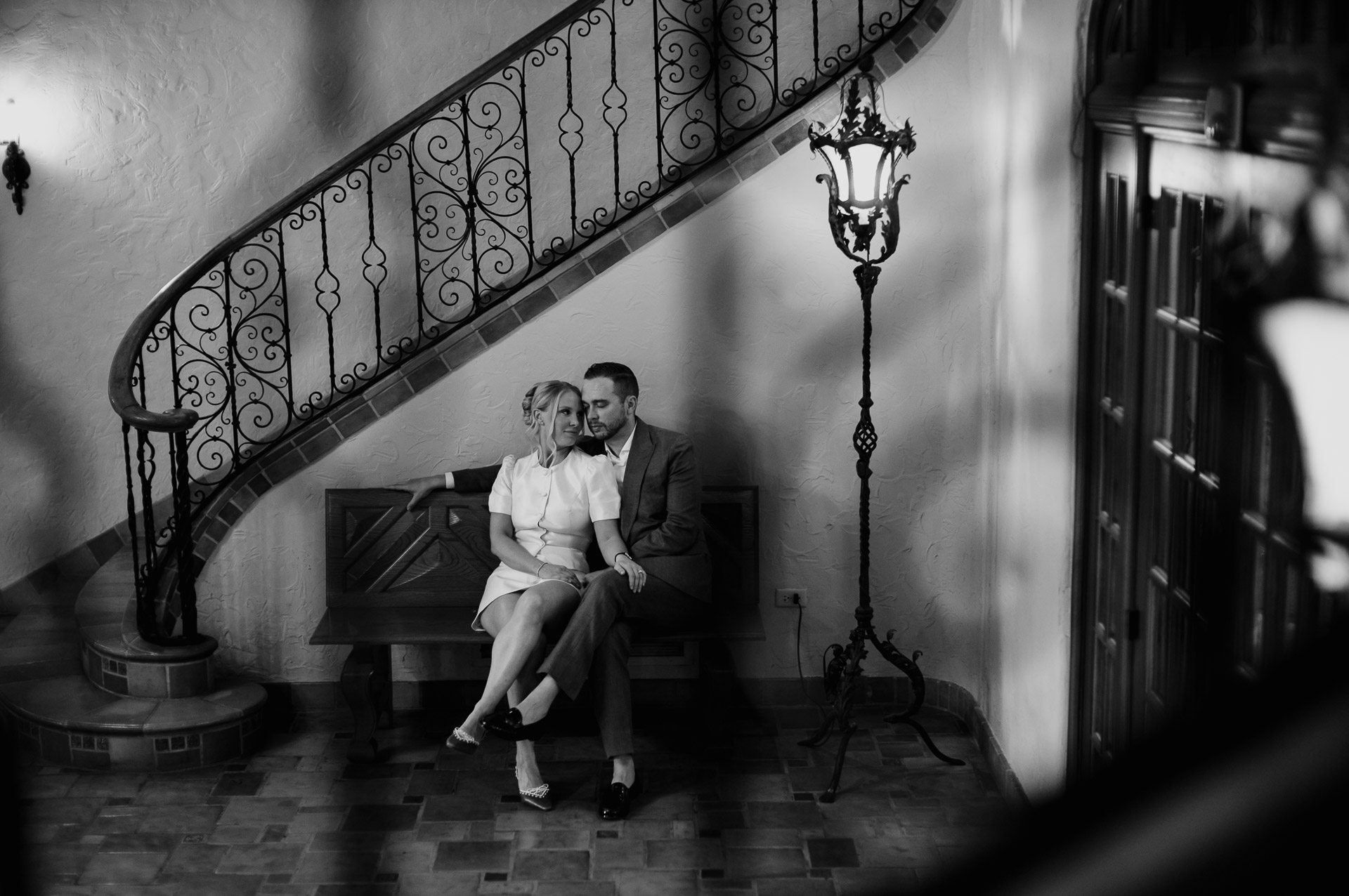 McNay Art Museum Couple sitting on bench, intimate moment.