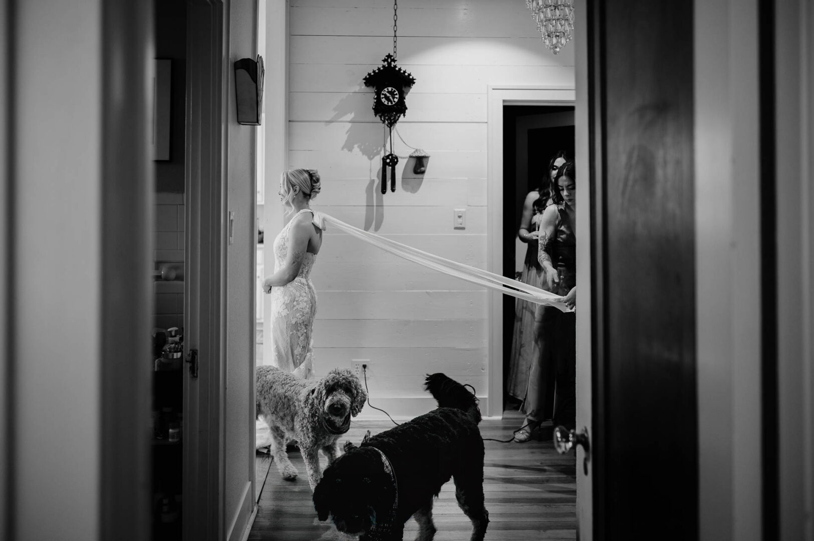 Black and white documentary wedding photo of the bride’s veil being held near the doorway.