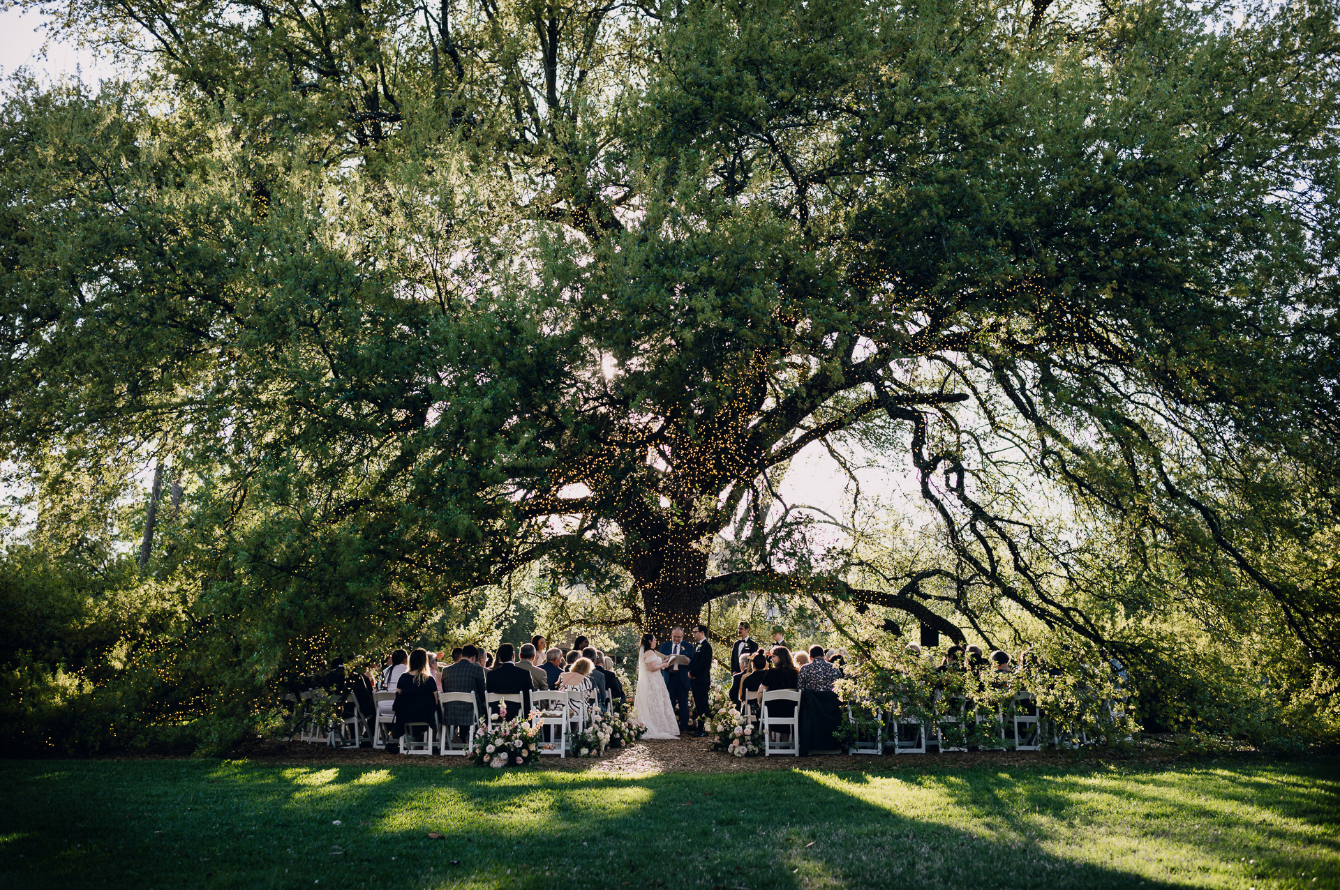 Oak Tree Ceremony & Candlelit Reception at The Houstonian 29 Wide view of the outdoor wedding ceremony beneath the trees at The Houstonian Hotel.