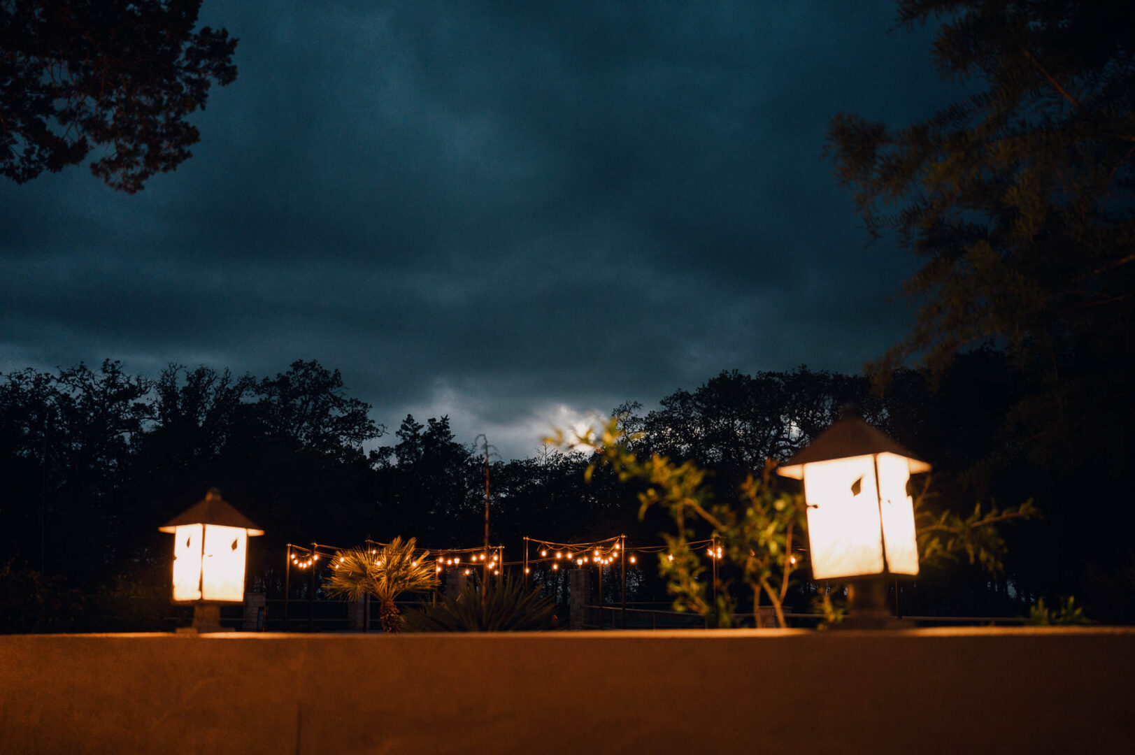 Vibrant Spring Wedding at Shiraz Gardens in Bastrop 64 Evening wedding landscape photo of the grounds and lights at Shiraz Gardens in Bastrop, Texas.