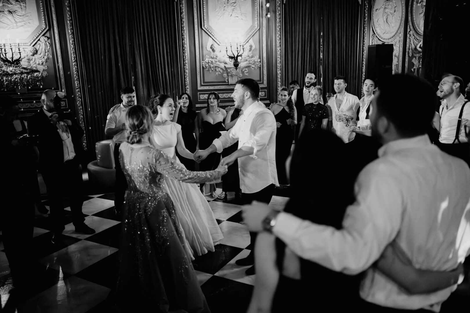 Wedding celebration with dancing guests