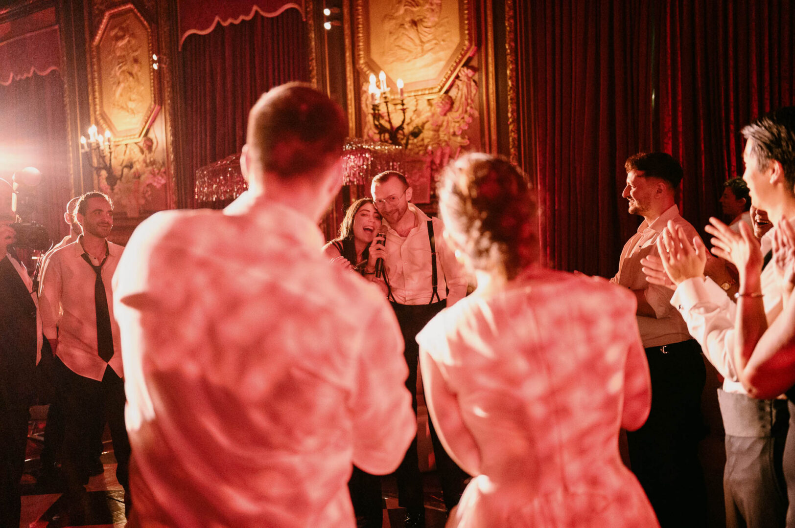 Wedding celebration with guests dancing