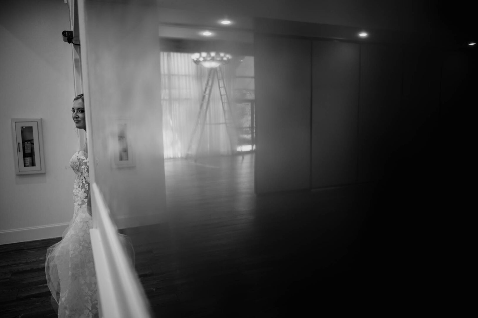 Black-and-white reflectiondetail from The Kendall wedding morning.